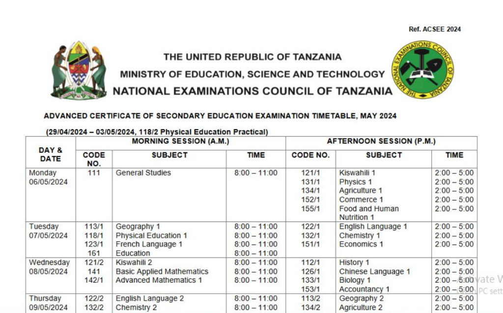 NECTA Ratiba ya Mtihani wa Diploma ya Ualimu DSEE MAY 2024